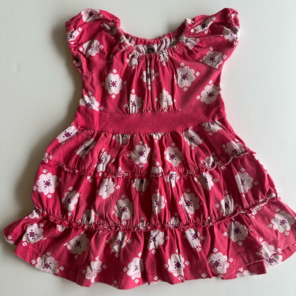 Tea Collection coral pink ruffle dress cap sleeve size 12-18 months